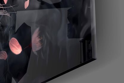 Close-up angled view of frosted glass wall art with pink and black floral silhouettes and translucent layered panels.