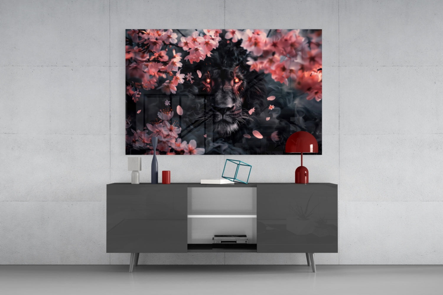 Modern living room displaying Lion of the Night glass wall art above gray media console with red accents.