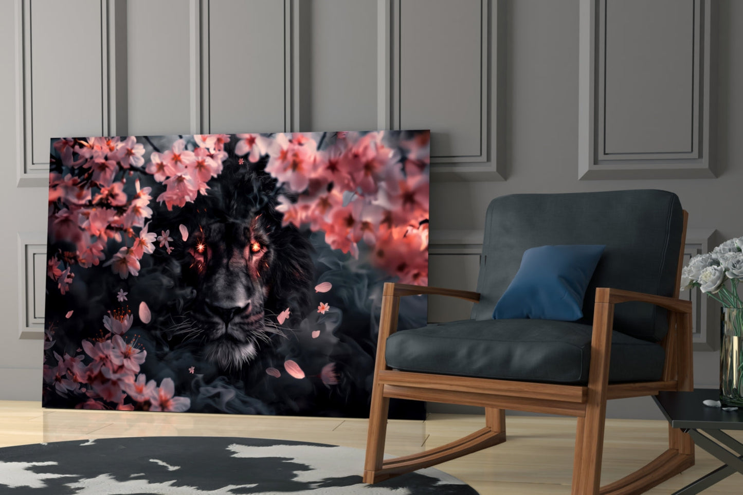 Glass wall art depicting a dark lion surrounded by pink flowers and falling petals, displayed in a modern living room beside a wooden chair.
