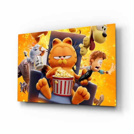 Orange tabby cat holding popcorn surrounded by animated characters on yellow glass panel, angled perspective view.