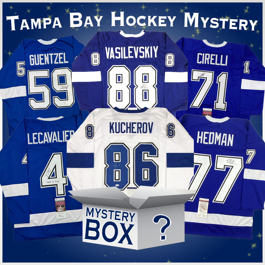 Six signed Tampa Bay Lightning jerseys in blue and white arranged in a circle around a central white mystery box against a starry background.