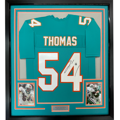 Framed Autographed/Signed Zach Thomas 35x39 Miami Dolphins Teal Football Jersey JSA COA
