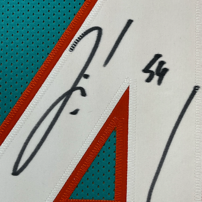 Framed Autographed/Signed Zach Thomas 35x39 Miami Dolphins Teal Football Jersey JSA COA