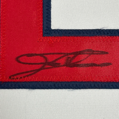 Framed Autographed/Signed Jim Thome 35x39 Cleveland White Baseball Jersey JSA COA