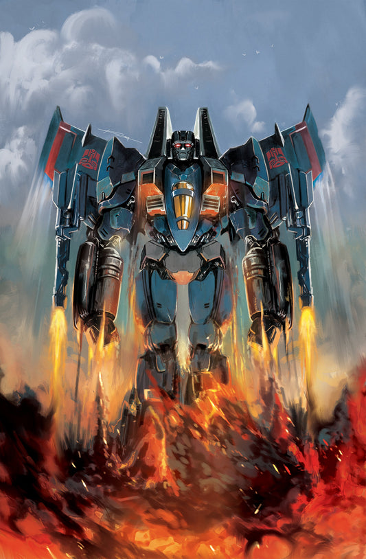 Starscream transforms mid-flight with wings spread, engulfed in yellow and orange flames against cloudy sky backdrop.