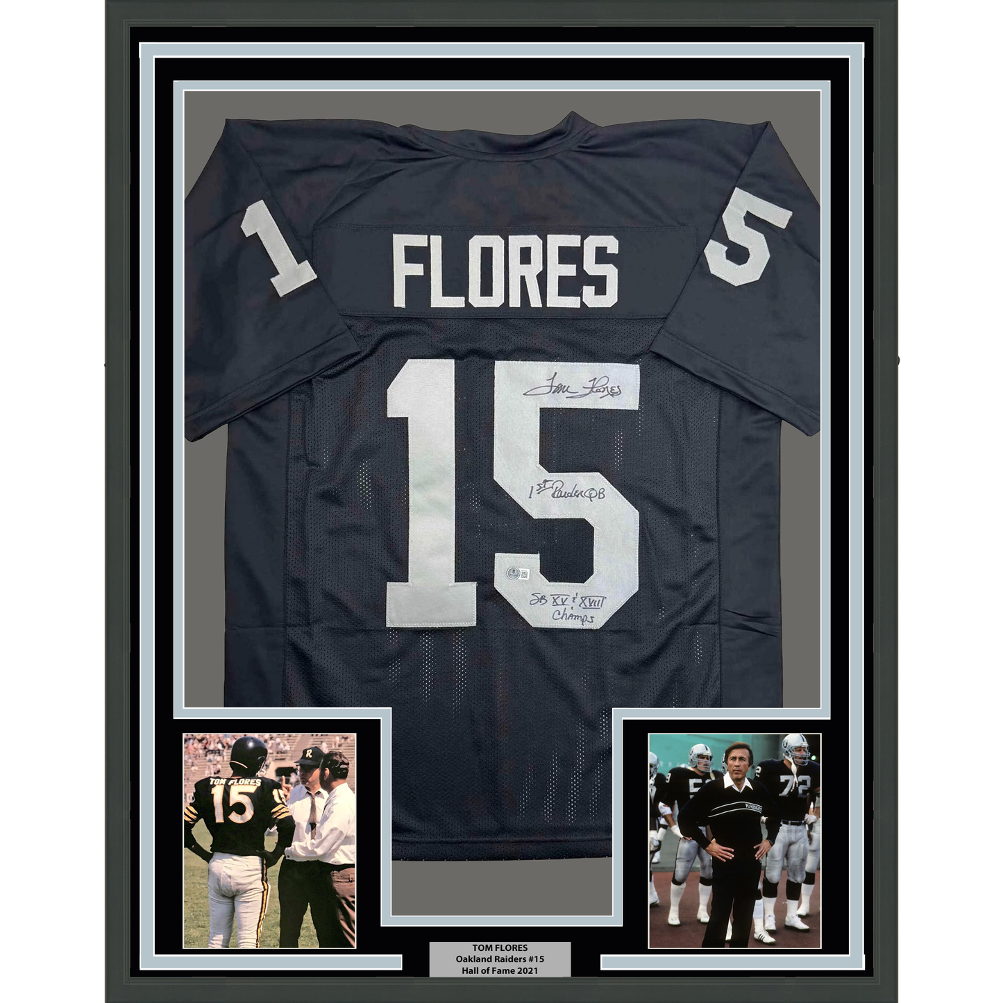 Framed Autographed/Signed Tom Flores 35x39 Las Vegas Oakland Black Football Jersey Beckett BAS COA