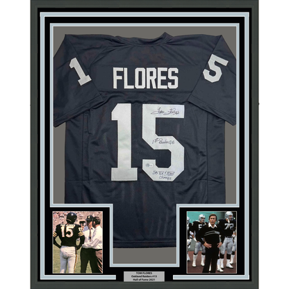 Framed Autographed/Signed Tom Flores 35x39 Las Vegas Oakland Black Football Jersey Beckett BAS COA