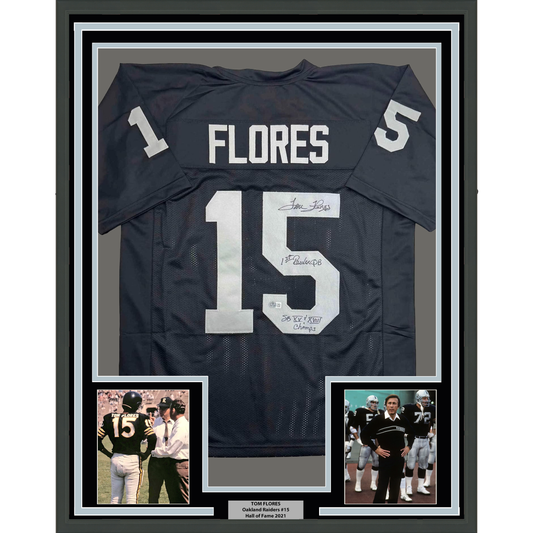 Framed Autographed/Signed Tom Flores 35x39 Las Vegas Oakland Black Football Jersey Beckett BAS COA