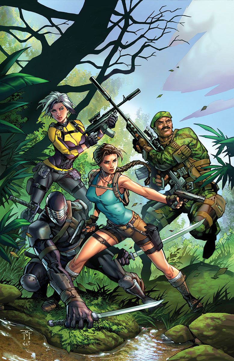 Comic cover art of four figures in a jungle: silver-haired woman in yellow, braided woman in teal, masked ninja, camouflaged soldier.
