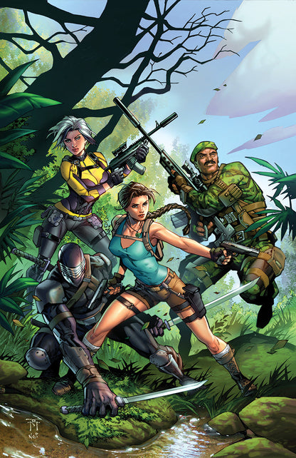 Comic cover art of four figures in a jungle: silver-haired woman in yellow, braided woman in teal, masked ninja, camouflaged soldier.