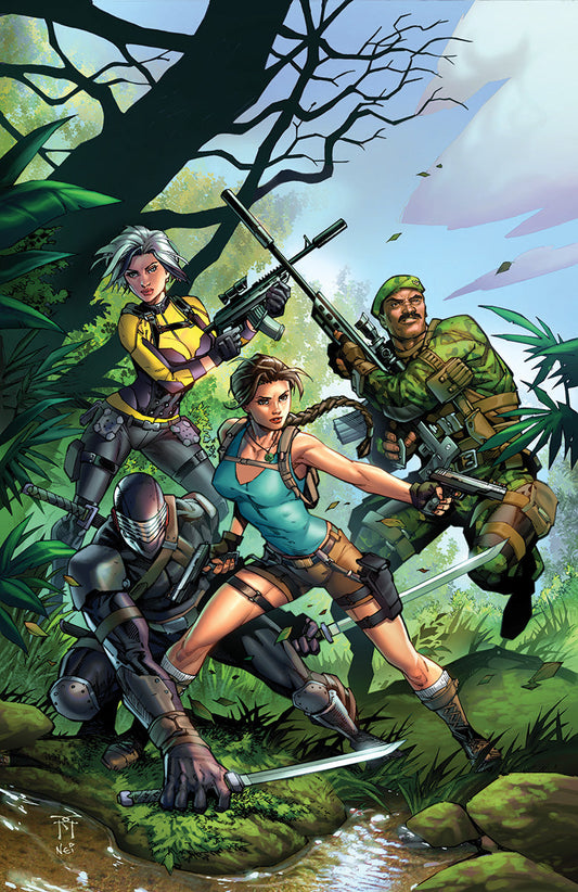 Comic cover art of four figures in a jungle: silver-haired woman in yellow, braided woman in teal, masked ninja, camouflaged soldier.