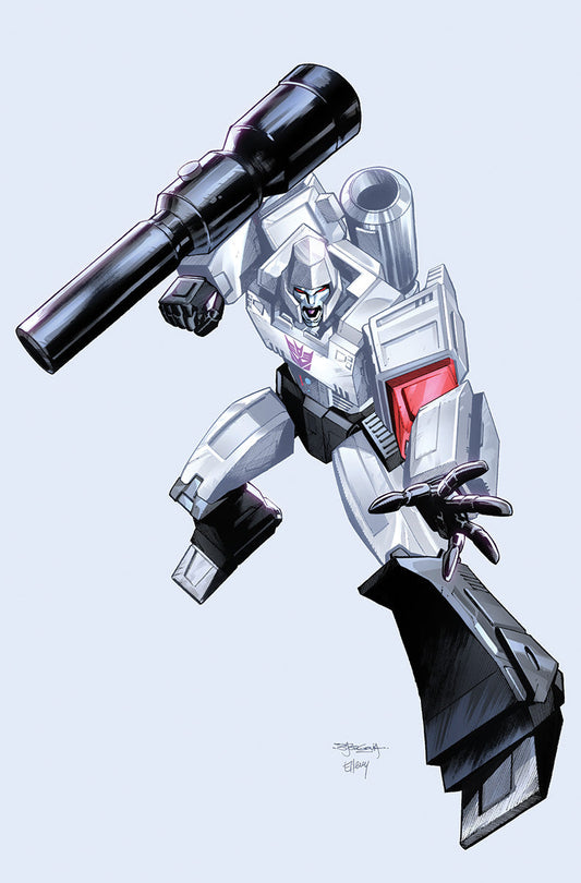 White and black robot with purple accents wielding large cannon, illustrated against light blue background.