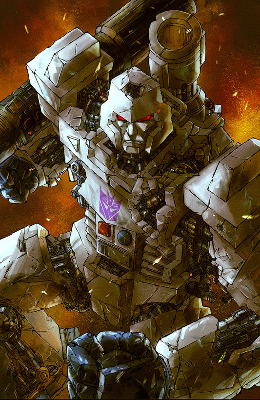 Illustrated cover art of a large white and gold robot with red eyes against a burning orange background, viewed from above at an angle.