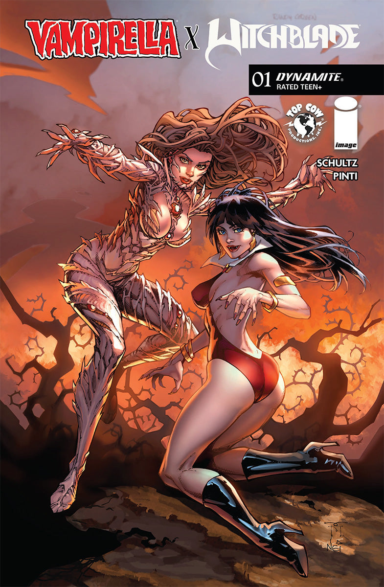 Front cover of a comic: an auburn-haired woman in spiked white armour reaches beside a black-haired woman in red, over an orange fiery backdrop.