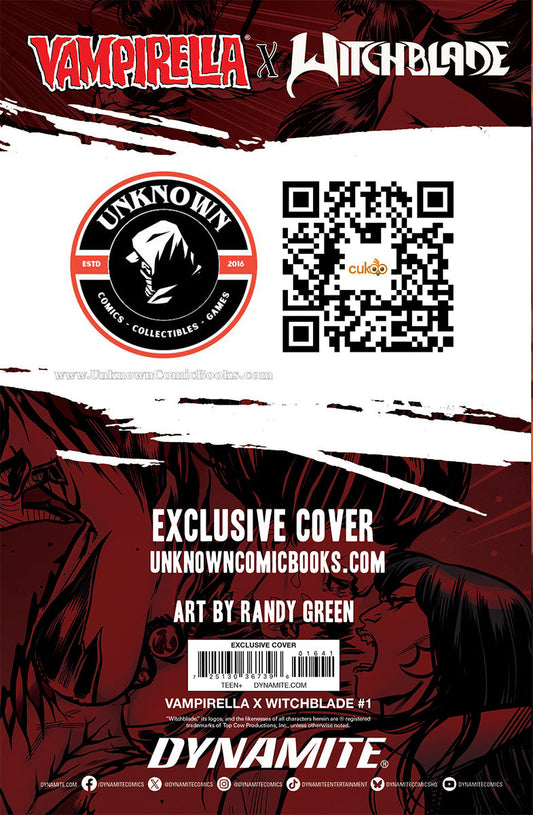 Back cover with red and black artwork, an Unknown Comics logo, a QR code, and printed "Exclusive Cover" text.