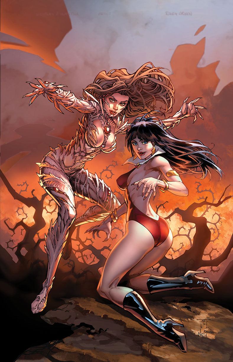 Cover art of a white spiked-armour figure at left and a black-haired woman in a red swimsuit kneeling at right.