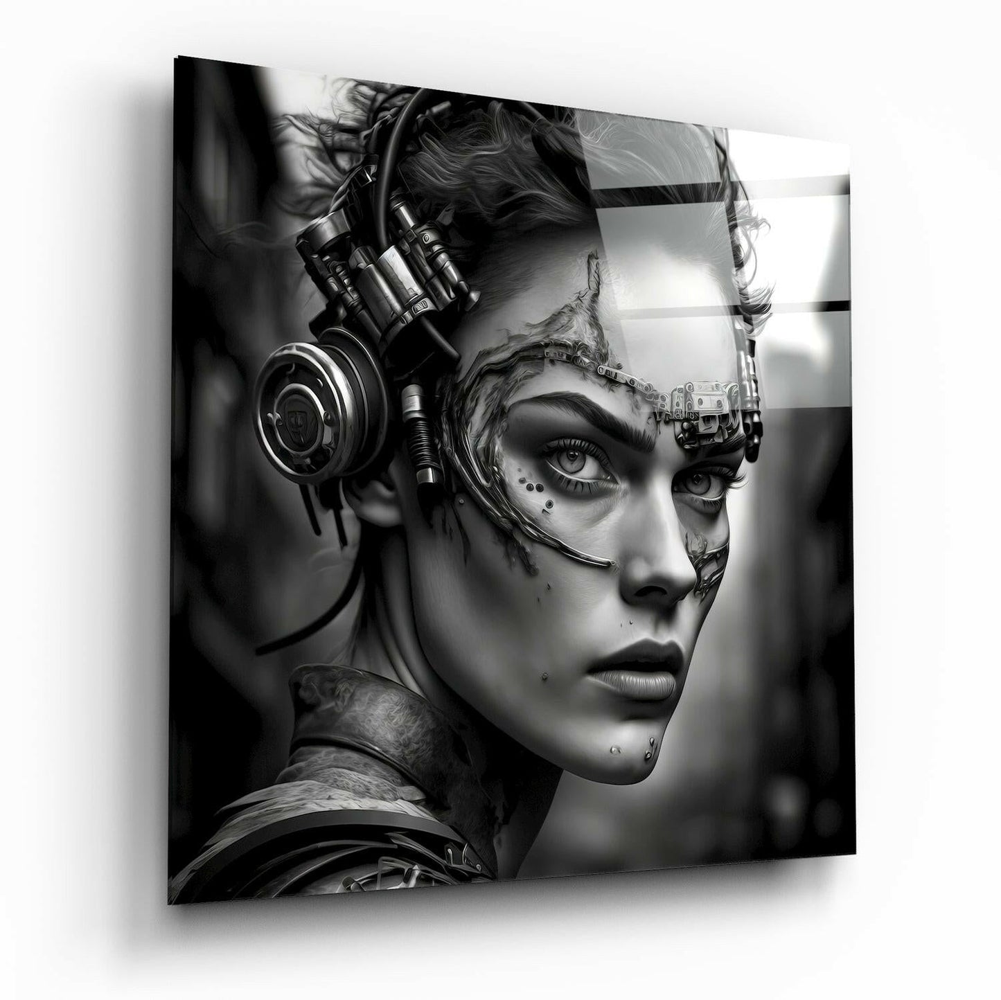 Black and white portrait of a cyborg woman wearing large headphones, shown in profile against a blurred background on glass wall art.