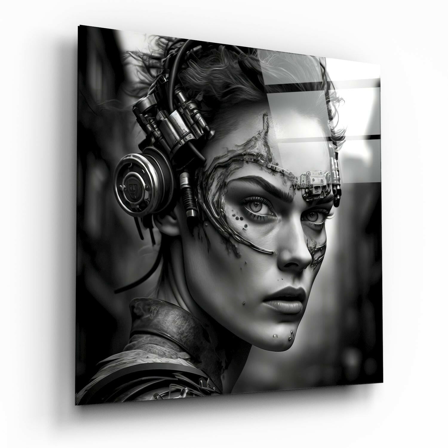 Black and white portrait of a cyborg woman wearing large headphones, shown in profile against a blurred background on glass wall art.