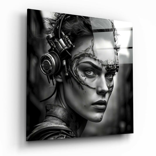 Black and white portrait of a cyborg woman wearing large headphones, shown in profile against a blurred background on glass wall art.