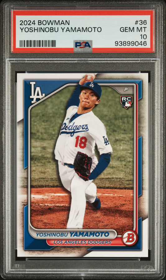 PSA-graded 2024 Bowman baseball card #36 featuring Yoshinobu Yamamoto in Los Angeles Dodgers uniform within protective case.