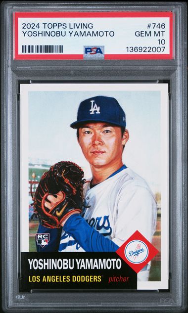 PSA-graded baseball card in clear holder showing Yoshinobu Yamamoto in Los Angeles Dodgers uniform holding glove.