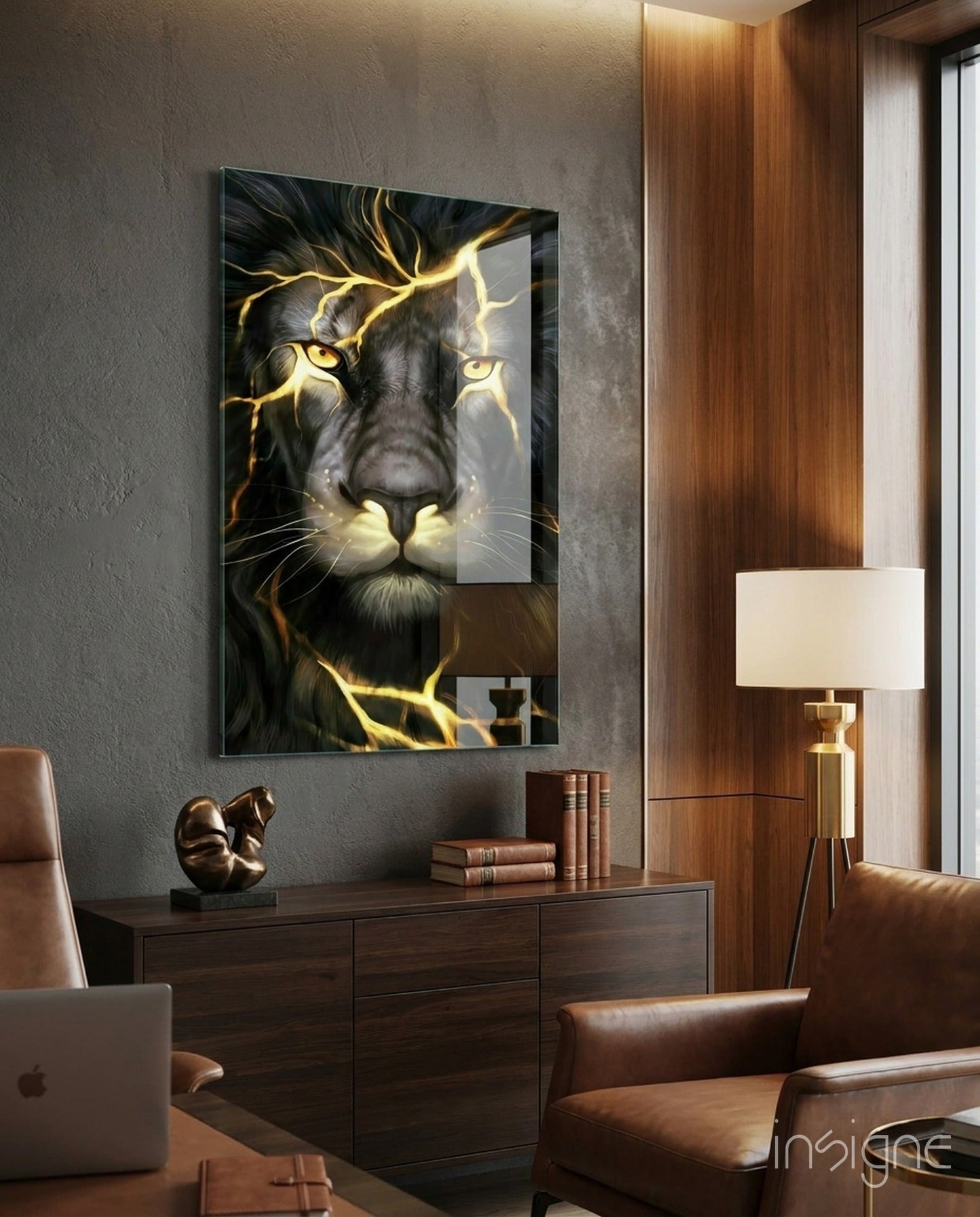 Golden Lightning Electric Lion Glass Wall Art