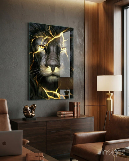 Golden Lightning Electric Lion Glass Wall Art