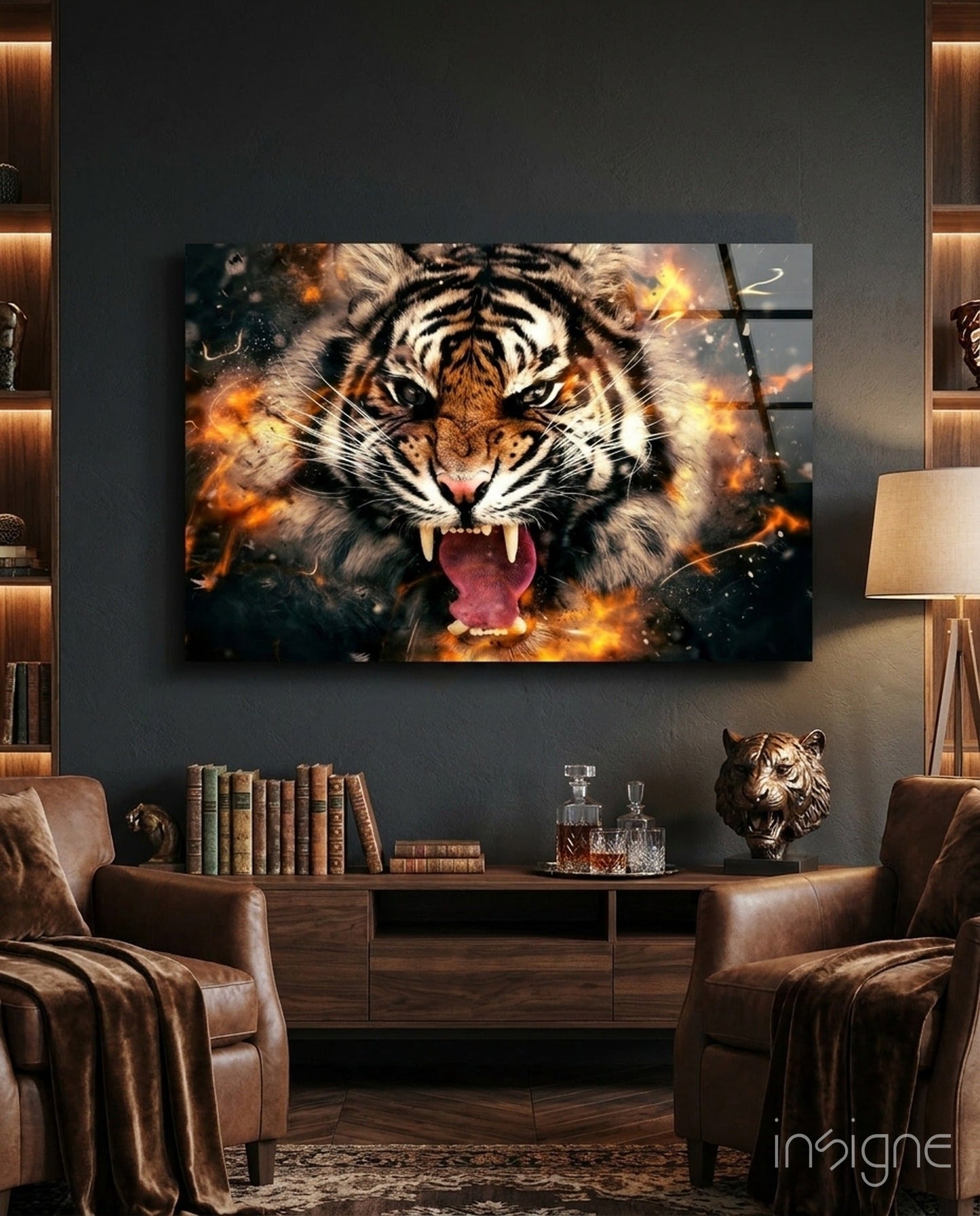 Roaring Tiger in Fire Sparks Glass Wall Art