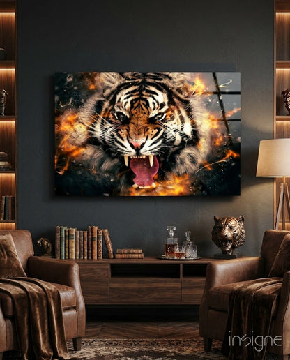 Roaring Tiger in Fire Sparks Glass Wall Art
