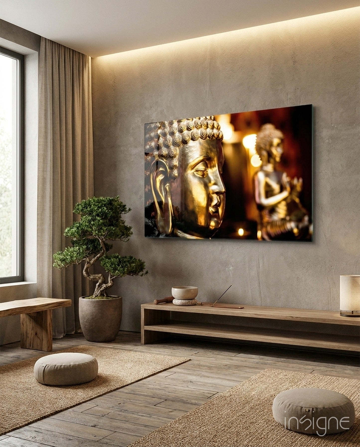 Golden Buddha and Candles Glass Wall Art