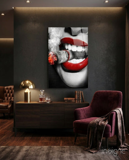 Red Lips Biting Burning Dollar Glass Wall Art