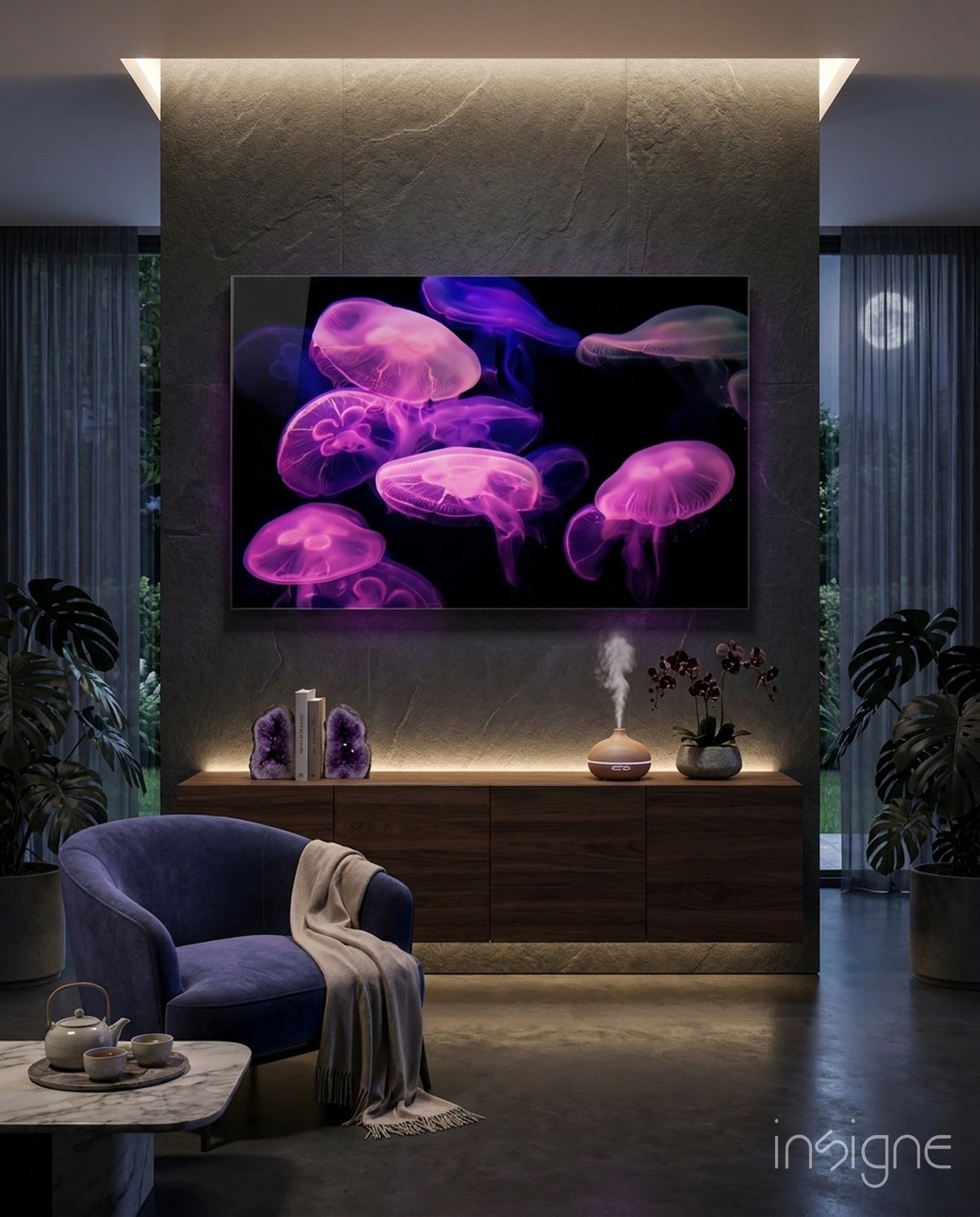 Pink Glowing Jellyfish Cluster Glass Wall Art