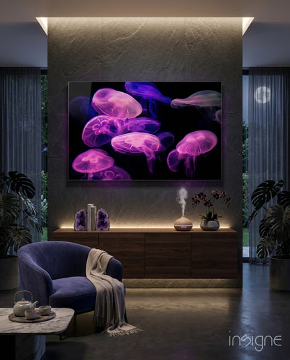 Pink Glowing Jellyfish Cluster Glass Wall Art