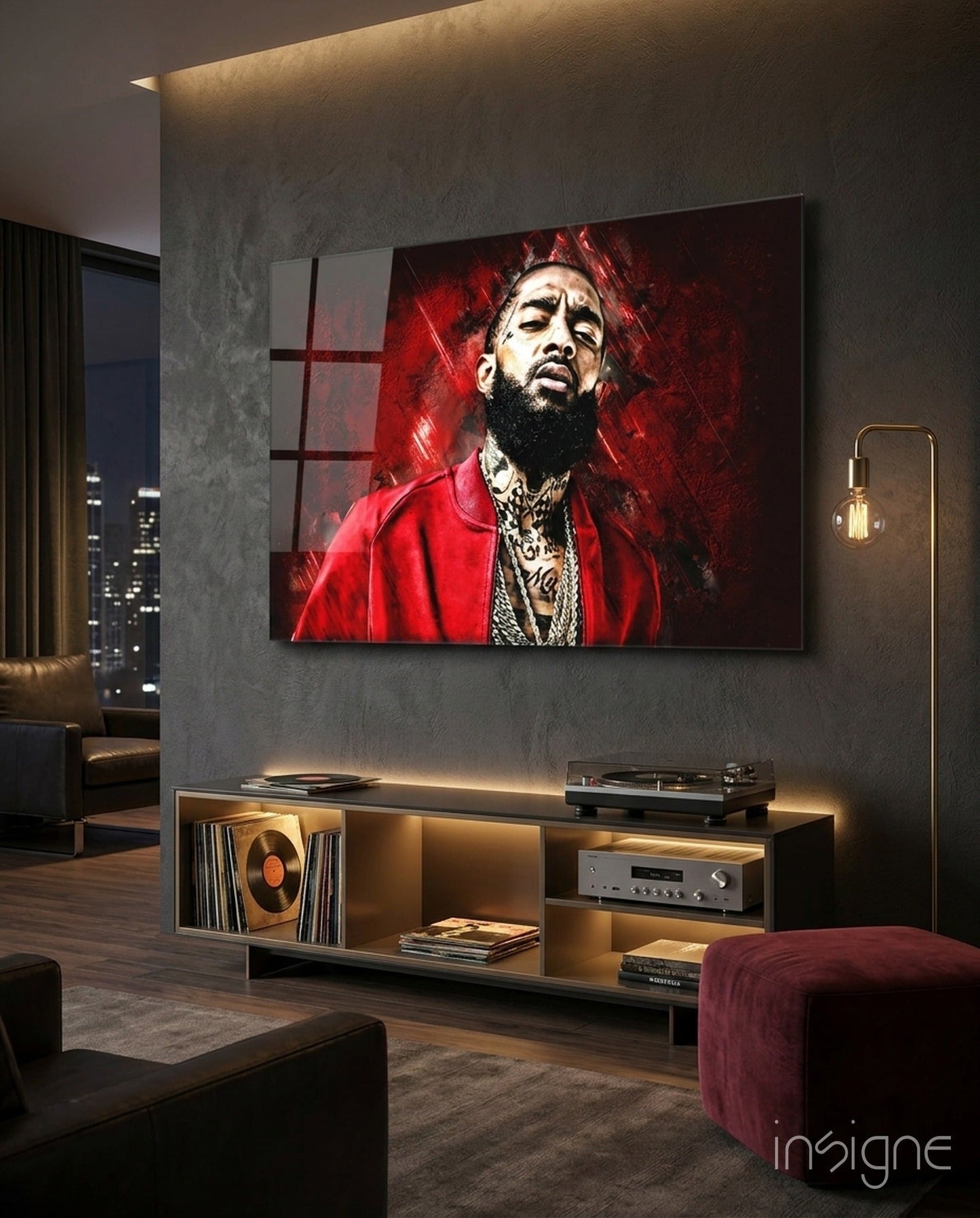 Crimson Backdrop Gold Chain Rapper Glass Wall Art