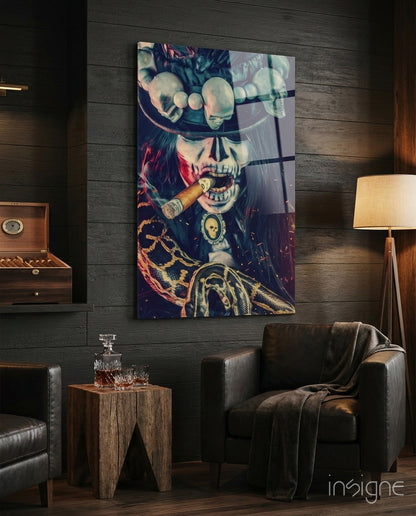Steampunk-themed cigar glass wall art displayed above leather chair in dark wood-paneled room with whiskey decanter.