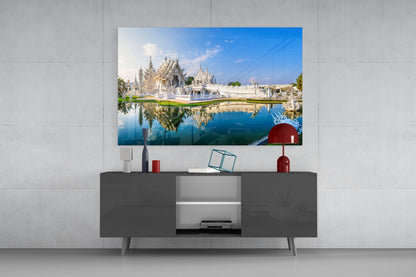 Elegant White Temple Reflection Glass Wall Art