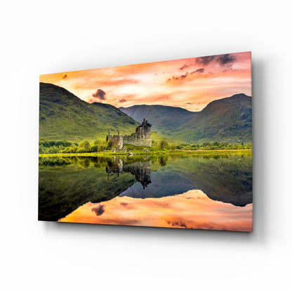 Highland Castle Sunset Reflection Glass Wall Art