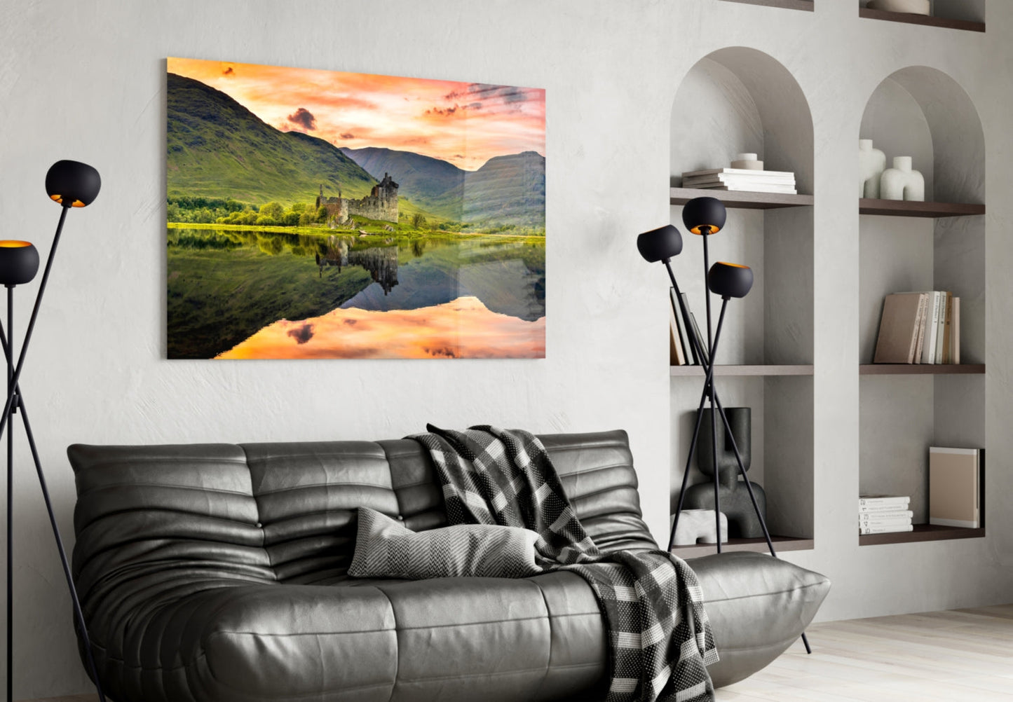 Highland Castle Sunset Reflection Glass Wall Art