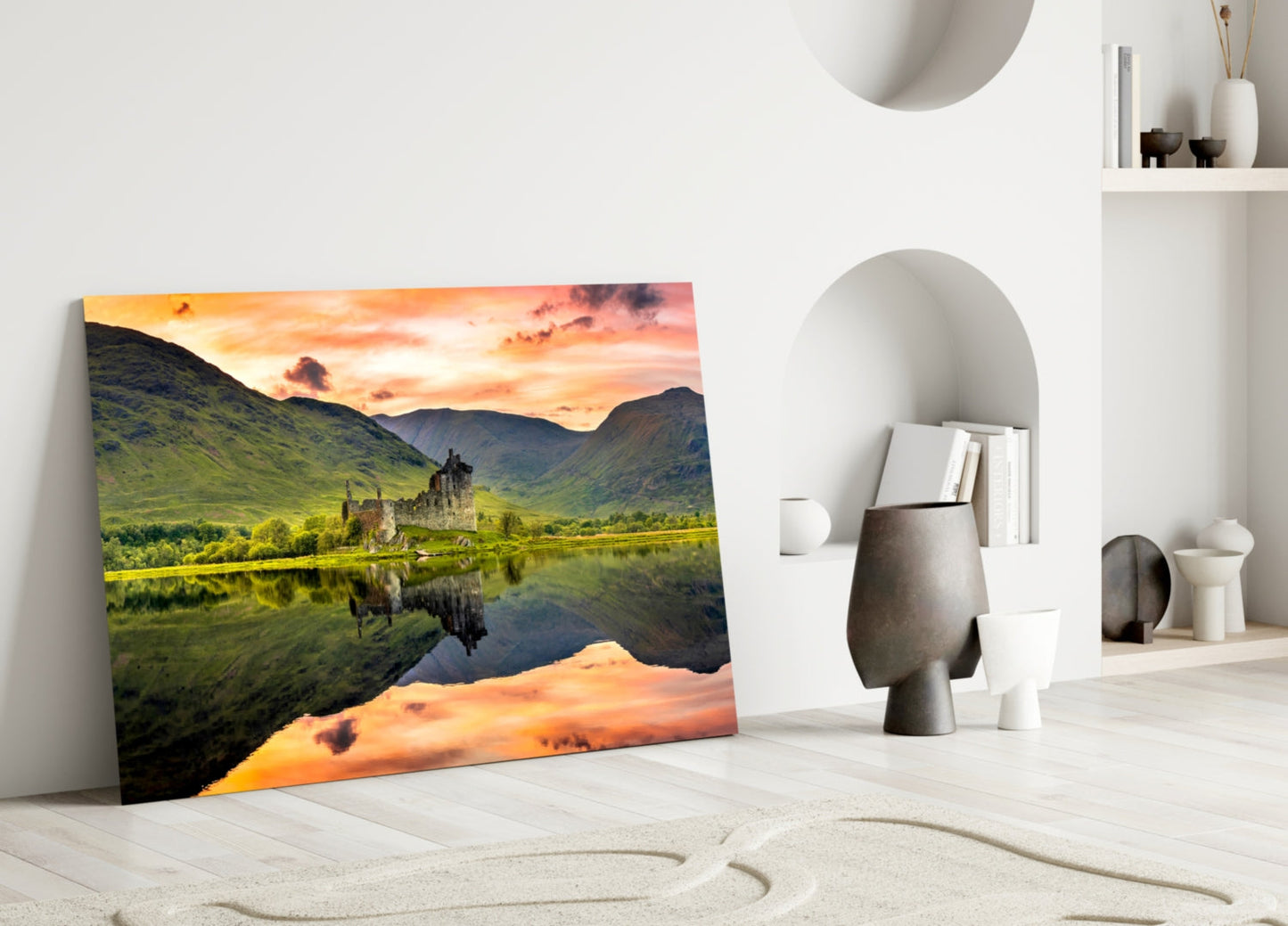 Highland Castle Sunset Reflection Glass Wall Art
