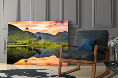 Highland Castle Sunset Reflection Glass Wall Art