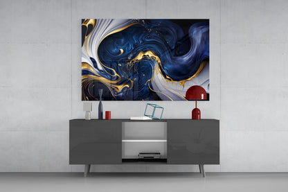 Elegant Gold Swirls on Midnight Blue Glass Wall Art