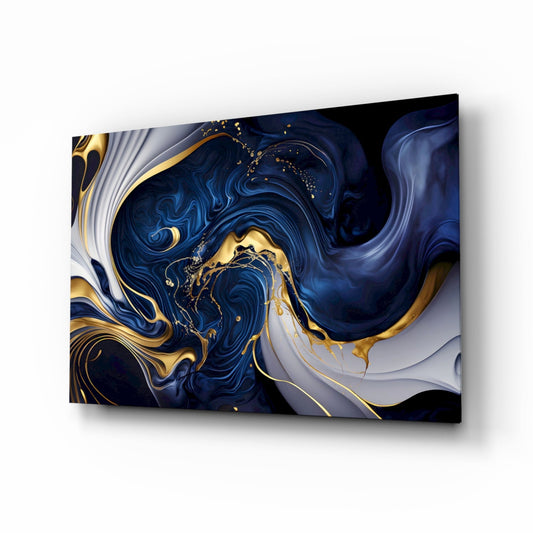 Angled perspective view of glass wall art with swirling navy blue, gold, and white liquid marble pattern, displayed against white background.