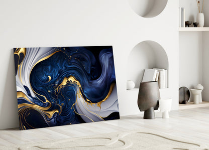 Elegant Gold Swirls on Midnight Blue Glass Wall Art