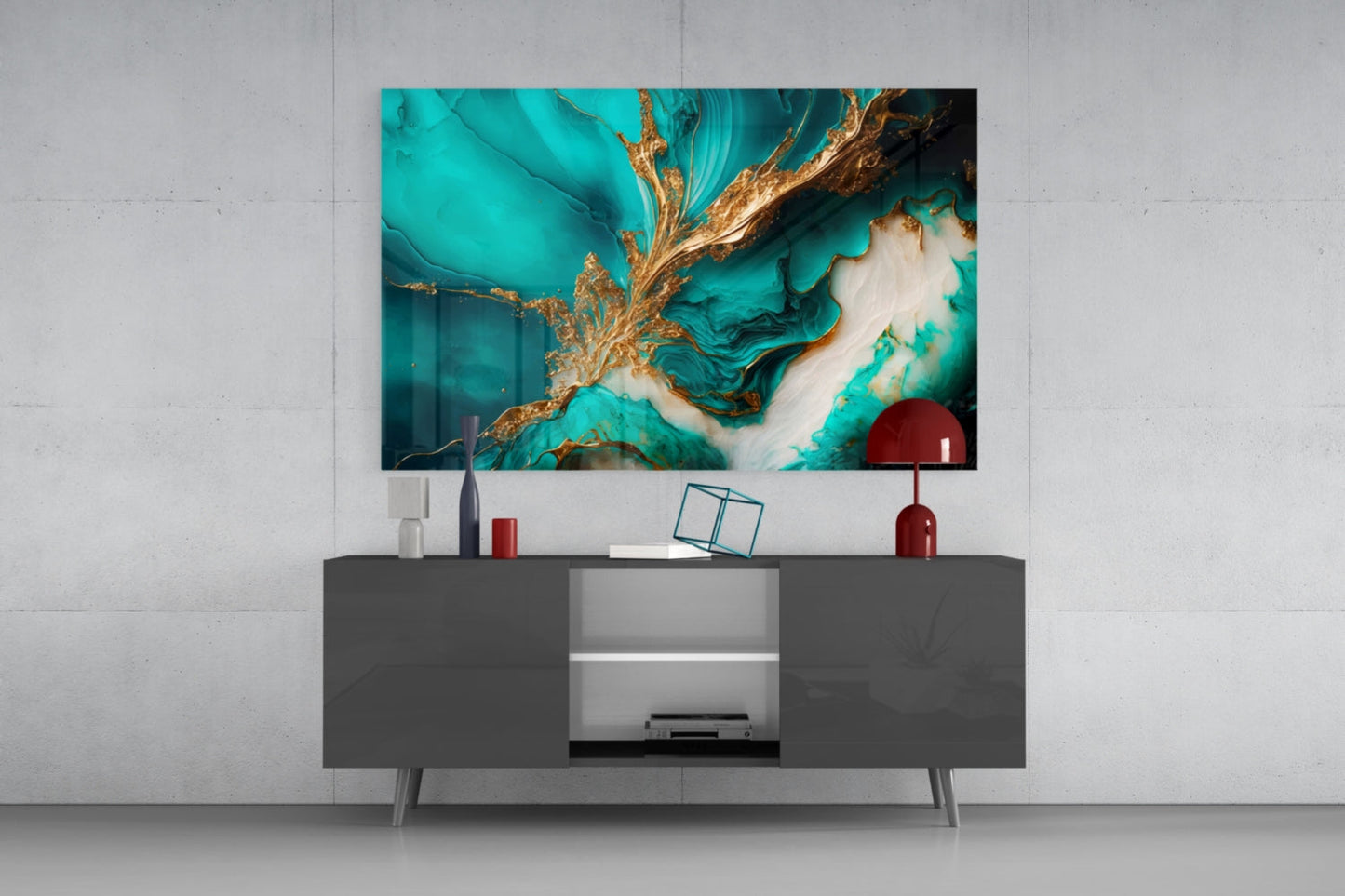 Ethereal Turquoise Gold Splash Glass Wall Art