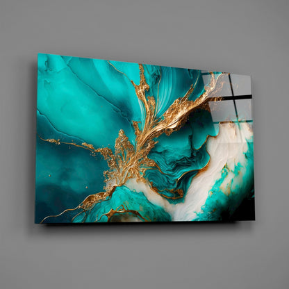 Ethereal Turquoise Gold Splash Glass Wall Art