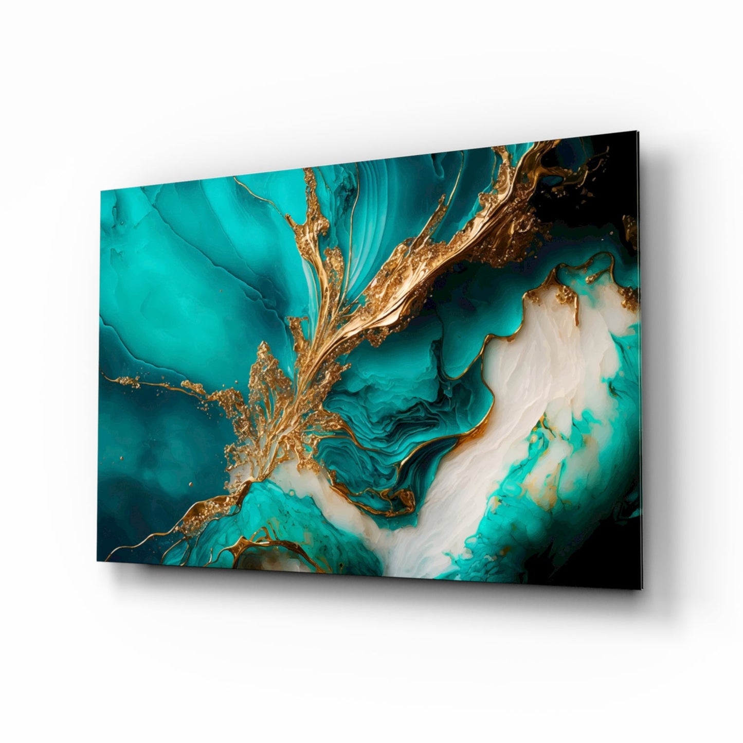 Ethereal Turquoise Gold Splash Glass Wall Art