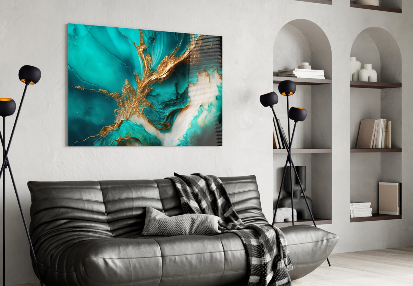 Ethereal Turquoise Gold Splash Glass Wall Art