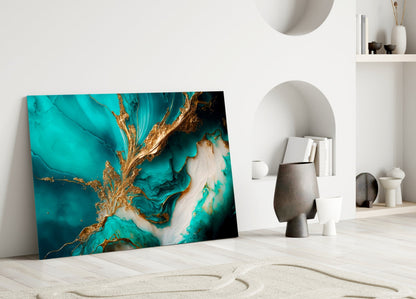 Ethereal Turquoise Gold Splash Glass Wall Art