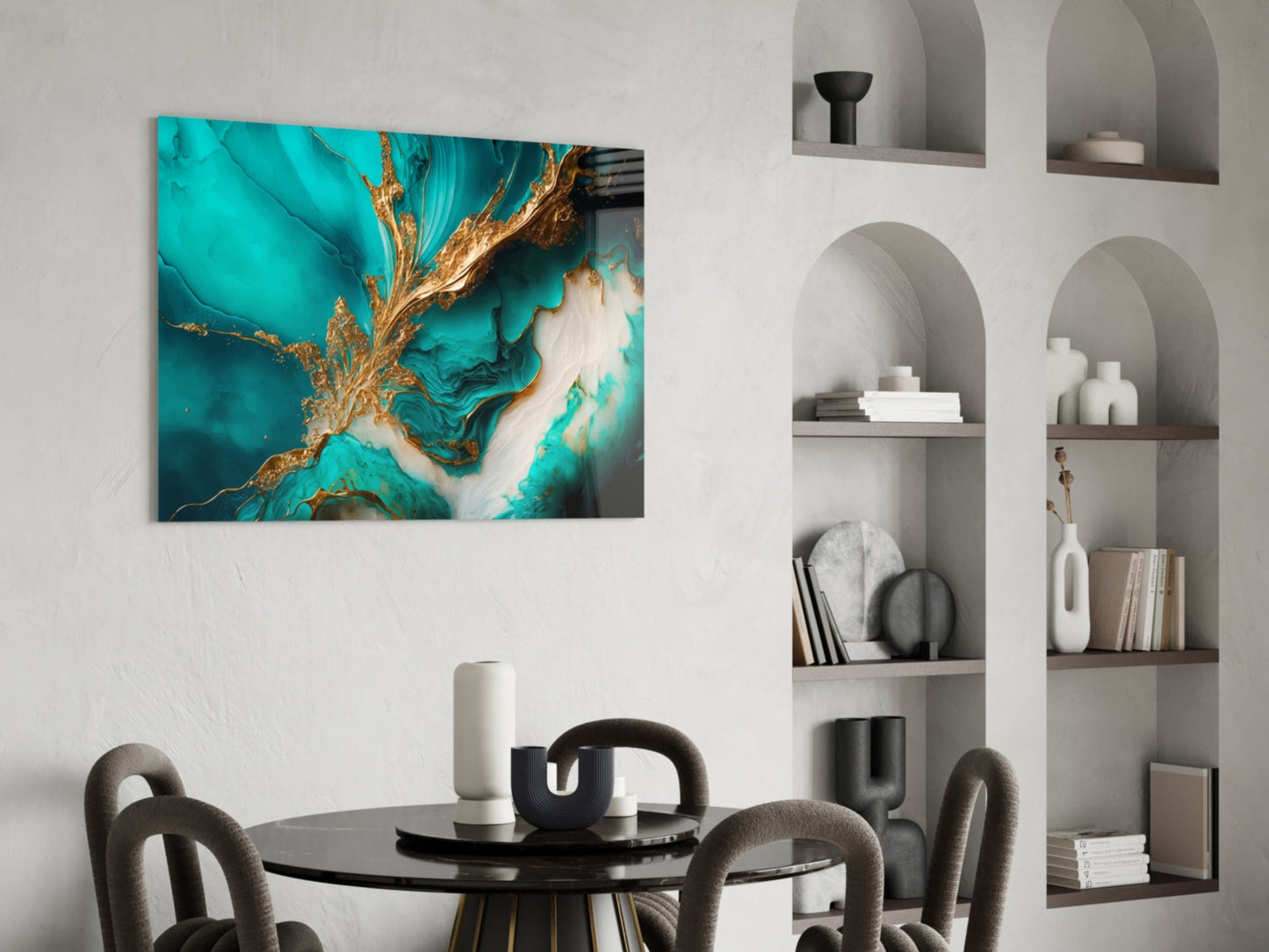 Ethereal Turquoise Gold Splash Glass Wall Art