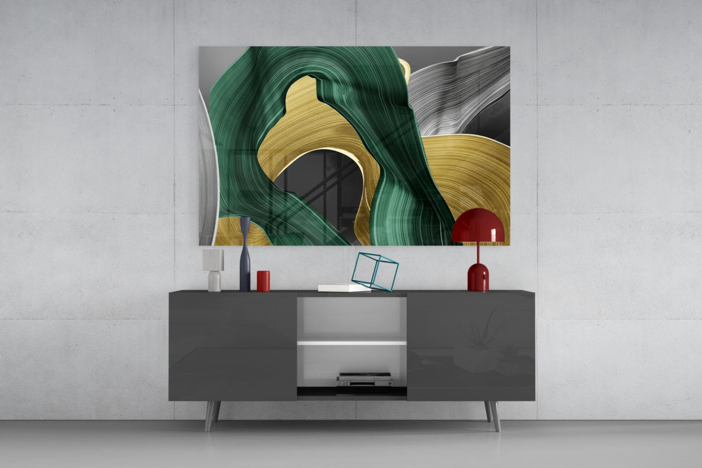 Elegant Swirls in Gold and Green Glass Wall Art